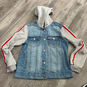 1 Sunset Lane Womens Light Blue Denim Jean Jacket Hooded Fleece Arms Size Large